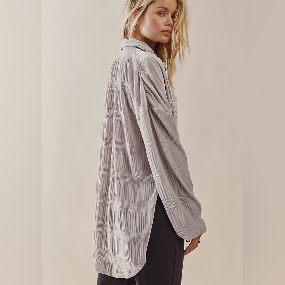 NWT Free People My Best Top - Velvet Button Front Top in Winter Fog - Large - Picture 14 of 14